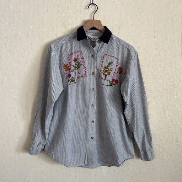 Vintage Casey & Max Floral Embroidered Button Down Shirt Small Striped Cotton - Picture 1 of 6